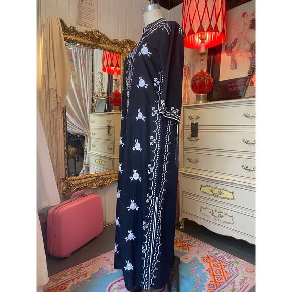 vintage 1960s black cotton embroidered kaftan 60s loungewear maxi dress med - Picture 6 of 10
